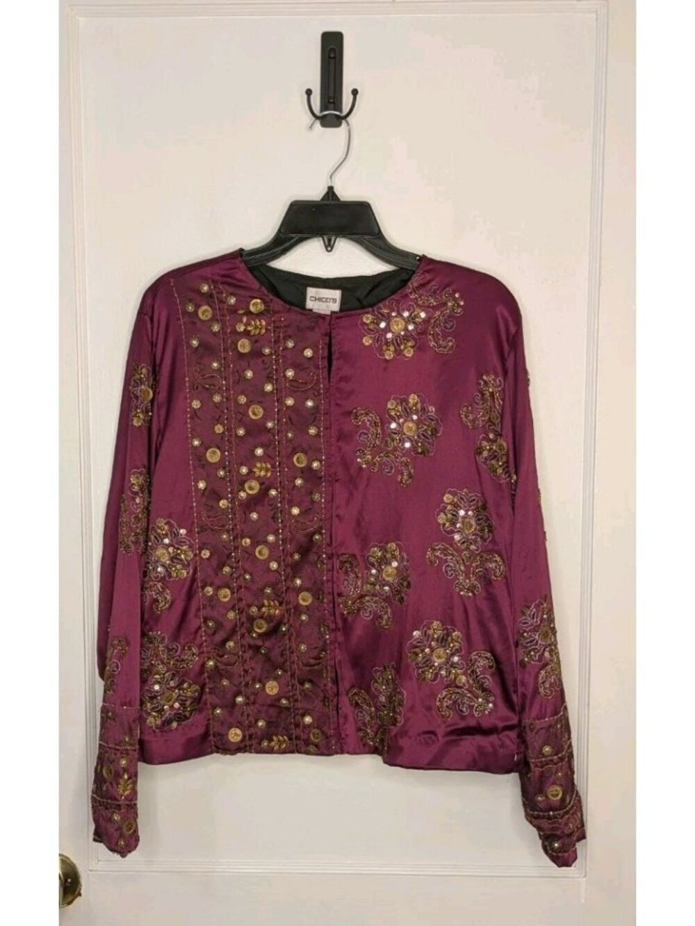 NWT Chico's Size 2 (L/12) Royal Glam Fuschia Ratune Jacket Beaded Satin Jacket